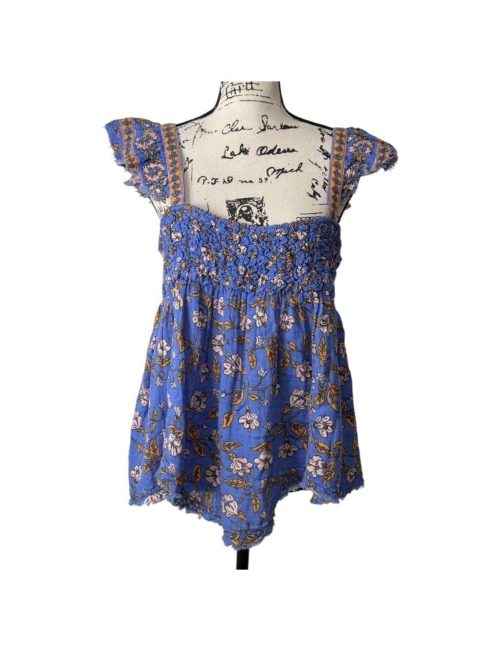 Free People Womens Size M Nala Top Babydoll Blue Floral Cotton Smocked NEW - Picture 2 of 10